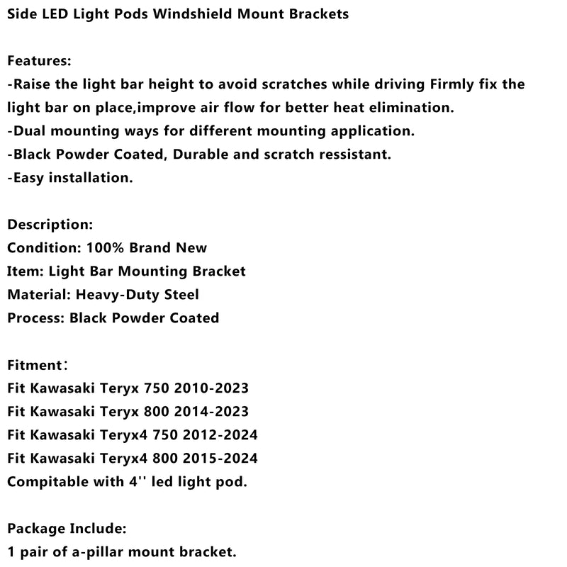 Side LED Light Pods Windshield Mount Brackets For Kawasaki Teryx Teryx4
