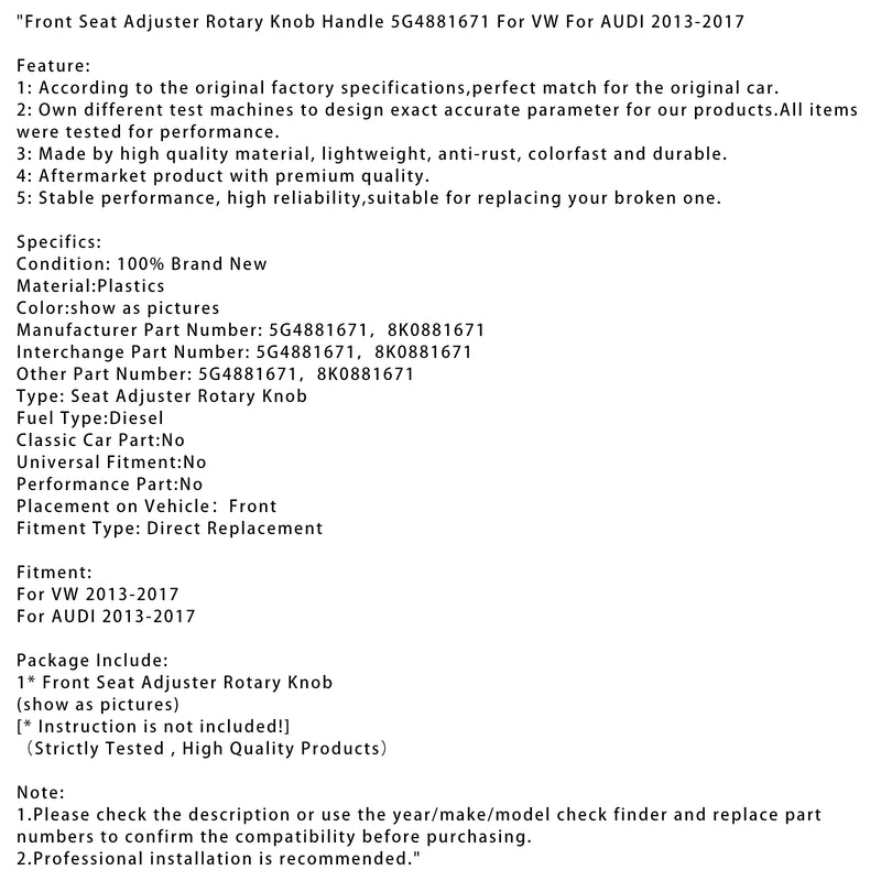 Front Seat Adjuster Rotary Knob Handle 5G4881671 For VW For AUDI 2013-2017