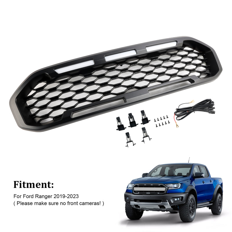 Front Bumper Grill Grille Fit Ford Ranger T8 2019-2023 Black W/LED Light