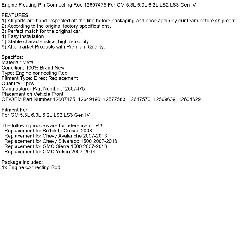 Engine Floating Pin Connecting Rod 12607475 For GM 5.3L 6.0L 6.2L LS2 LS3 Gen IV