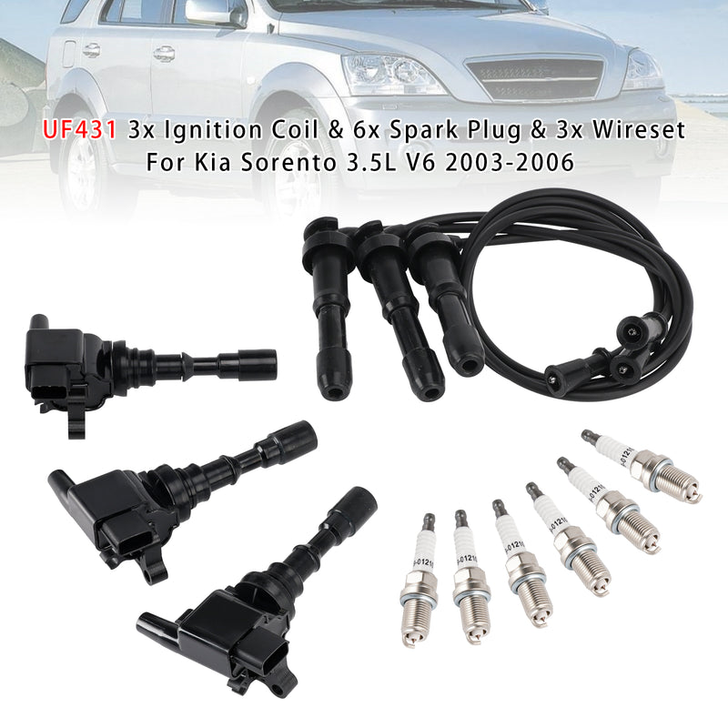 UF431 3x Ignition Coil & 6x Spark Plug & 3x Wireset For Kia Sorento 3.5L V6