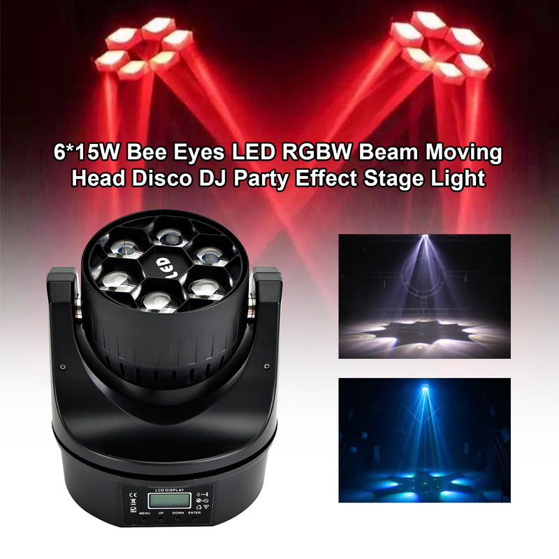6*15W Bee Eyes LED RGBW Beam Moving Head Disco DJ Party Effect Stage Light