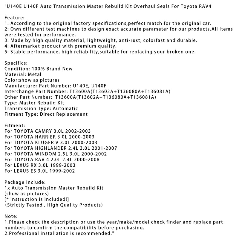 U140E U140F Auto Transmission Master Rebuild Kit Overhaul Seals For Toyota RAV4