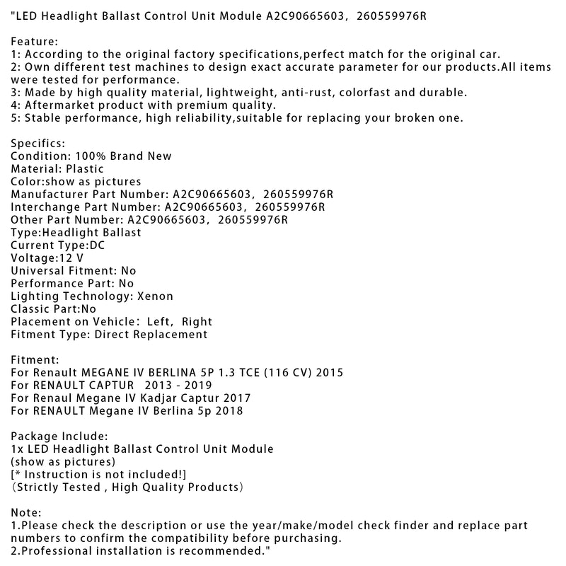 LED Headlight Ballast Control Unit Module A2C90665603，260559976R