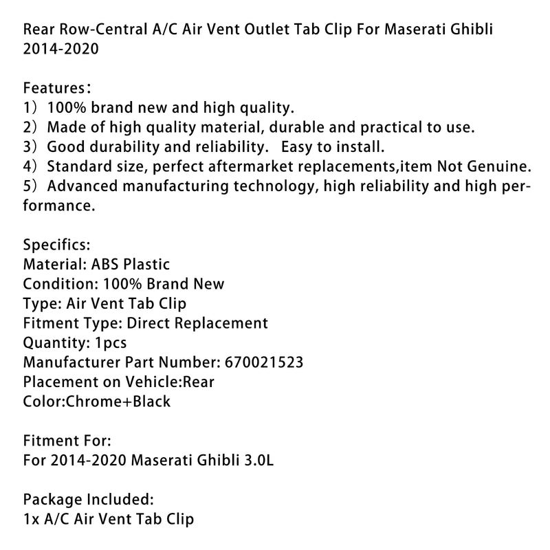 Rear Row-Central A/C Air Vent Outlet Tab Clip For Maserati Ghibli 2014-2020