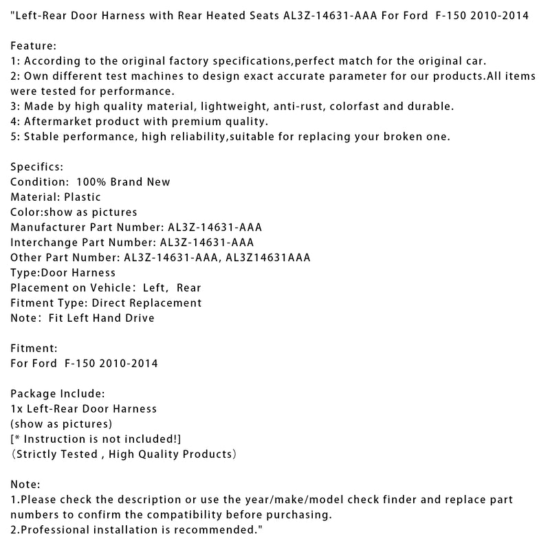 Left-Rear Door Harness with Rear Heated Seats AL3Z-14631-AAA For Ford  F-150