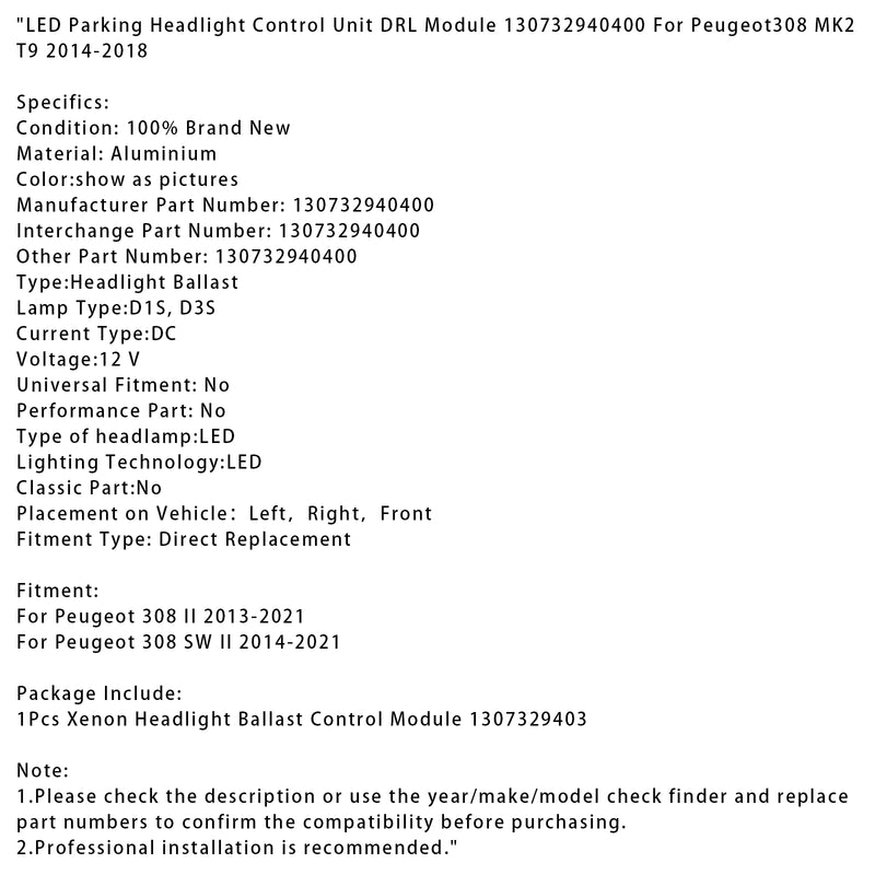 LED Parking Headlight Control Unit DRL Module 130732940400 For Peugeot308 MK2