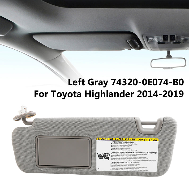 Toyota Highlander 2014-2019 Left Sun Visor W/Vanity Light Gray 74320-0E074-B0