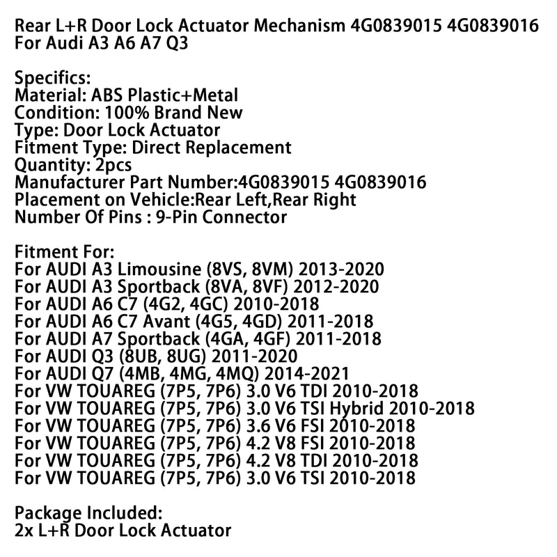 Rear L+R Door Lock Actuator Mechanism 4G0839015 4G0839016 For Audi A3 A6 A7 Q3