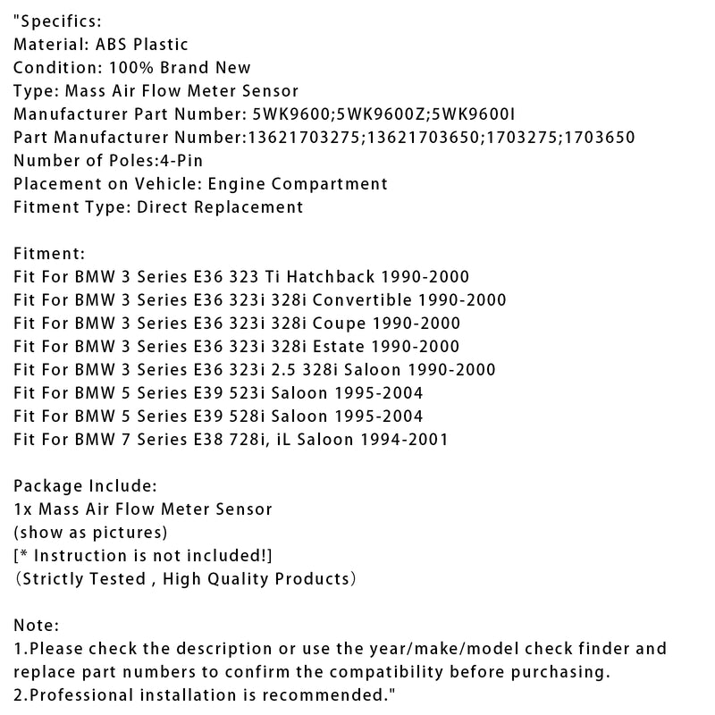 Mass Air Flow Meter Sensor For BMW E36 323i 328i E39 528i 5WK9600