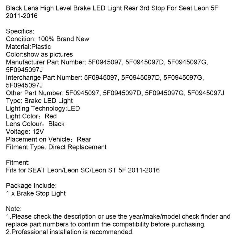 Black Lens High Level Brake LED Light Rear 3rd Stop For Seat Leon 5F 2011-2016