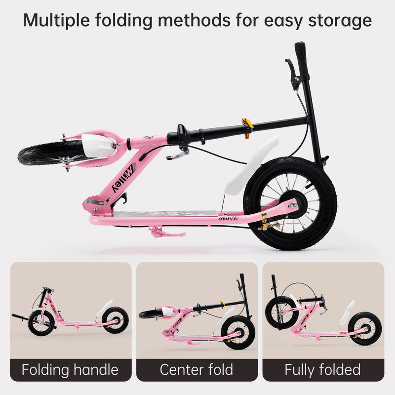 Shock-Absorbing Foldable Commuter Kick Scooter For Adults and Teens With 12" Large Smooth Rolling Rubber Air Tires