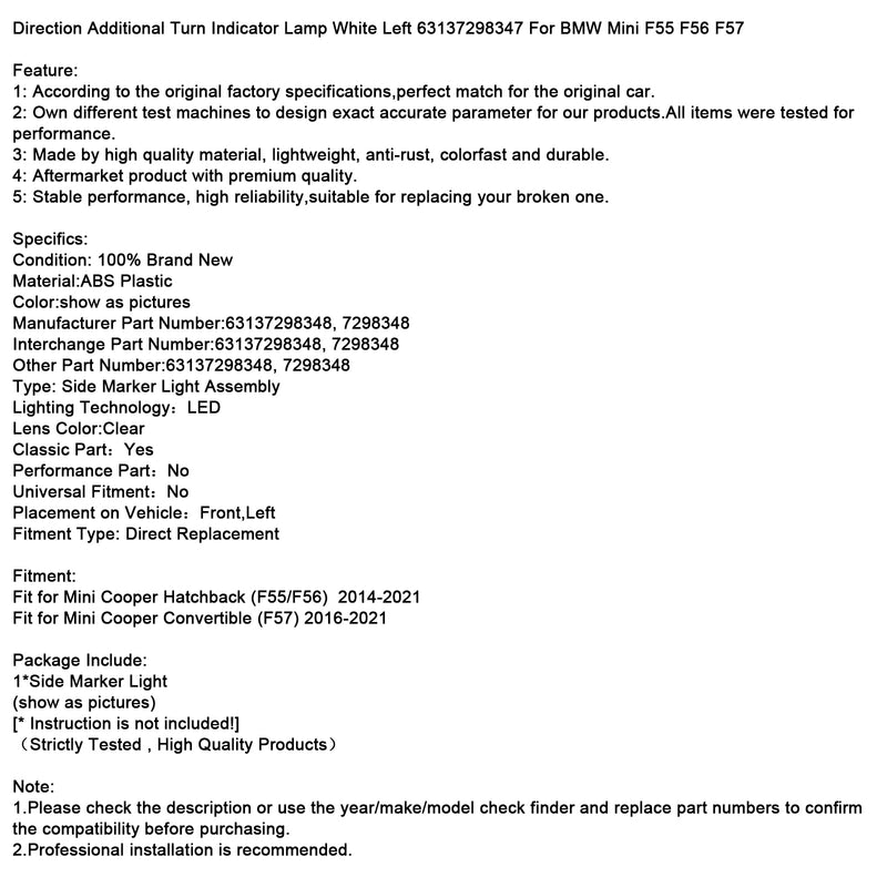 Direction Additional Turn Indicator Lamp White Left For BMW Mini F55 F56 F57