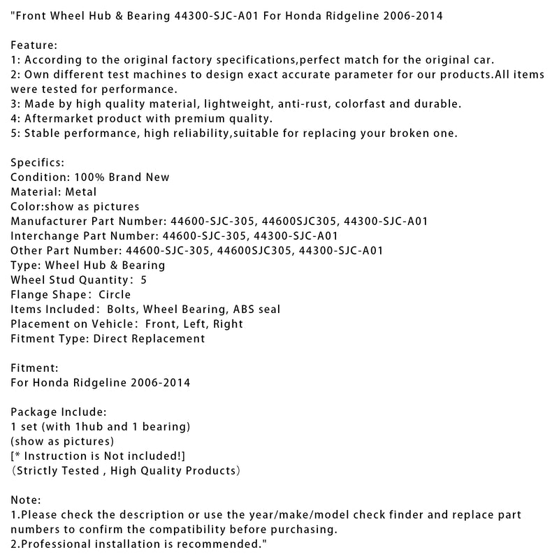 Front Wheel Hub & Bearing 44300-SJC-A01 For Honda Ridgeline 2006-2014