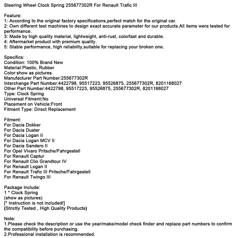 Steering Wheel Clock Spring 255677302R For Renault Trafic III