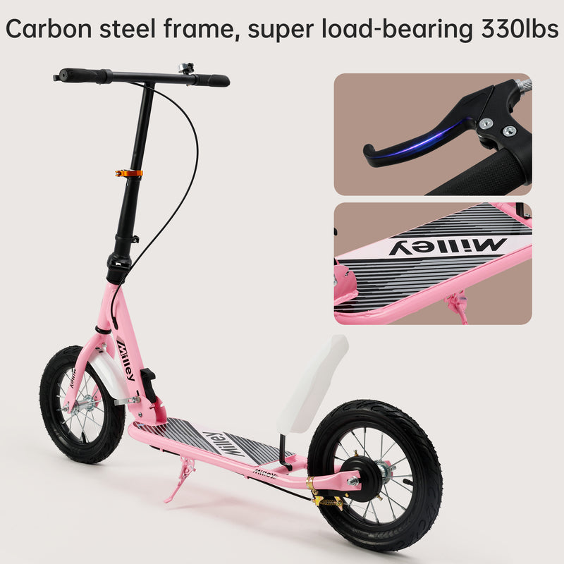 Shock-Absorbing Foldable Commuter Kick Scooter For Adults and Teens With 12" Large Smooth Rolling Rubber Air Tires