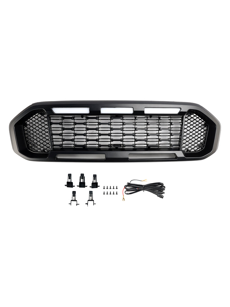 Black Front Bumper Grill Grille Fit Ford Ranger T8 2019-2023 W/LED Light