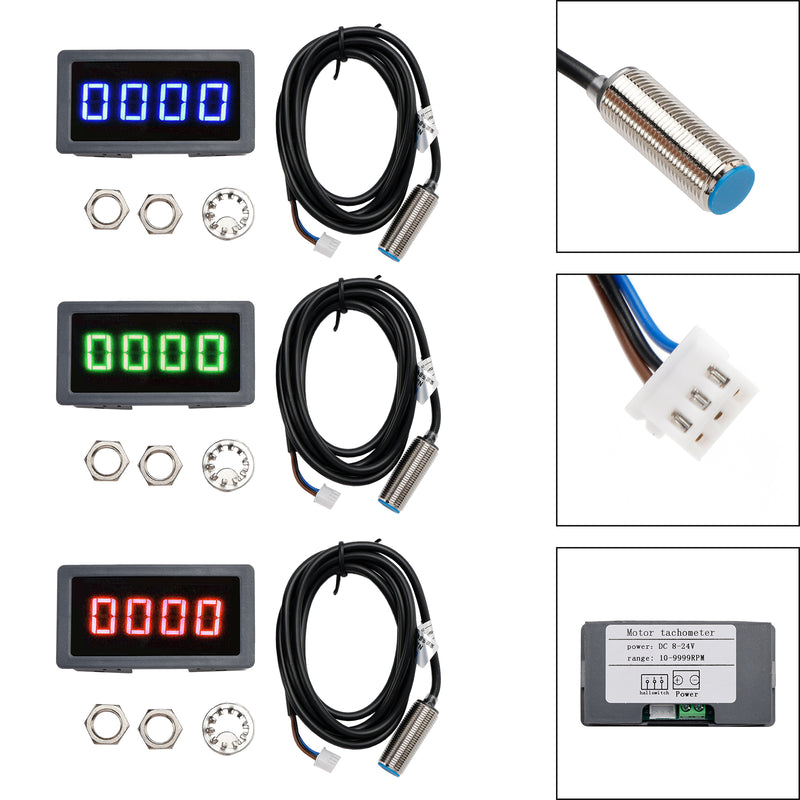 Tachometer 4 Digital LED Tach RPM Speed Meter + Hall Proximity Switch Sensor NPN