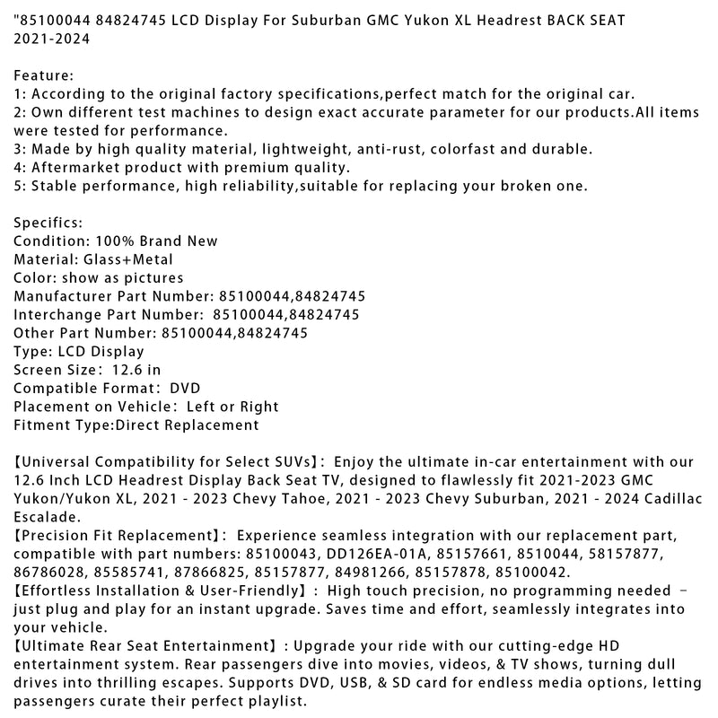 85100044 84824745 LCD Display For Suburban GMC Yukon XL Headrest BACK SEAT 21-24