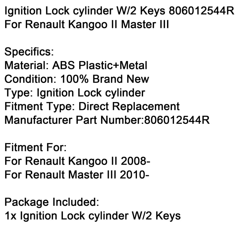 Ignition Lock cylinder W/2 Keys 806012544R For Renault Kangoo II Master III