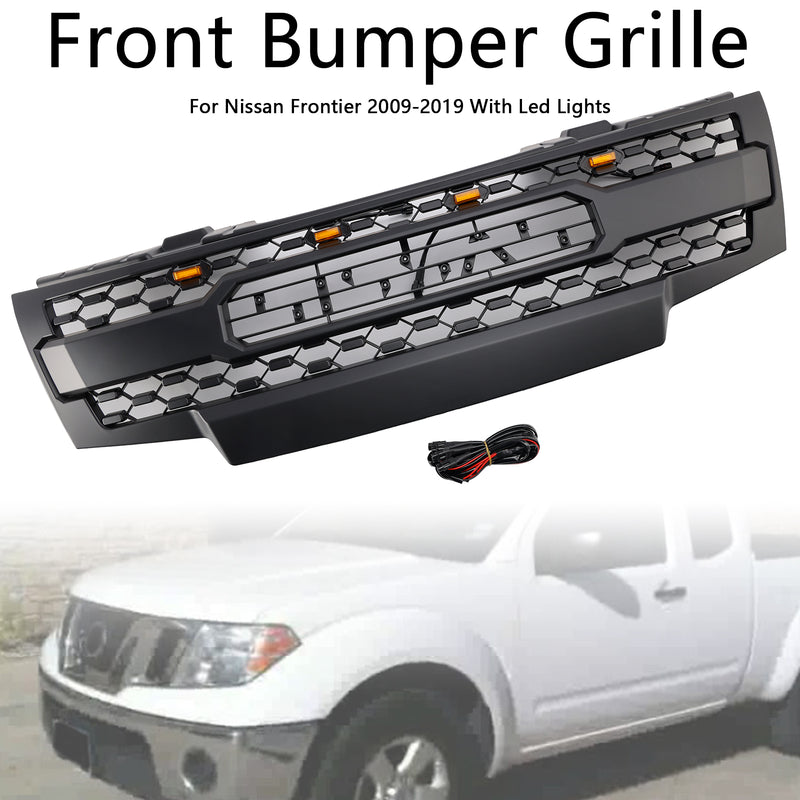 Black Front Bumper Grill Grille Fit Nissan Frontier 2009-2019 W/Led Lights