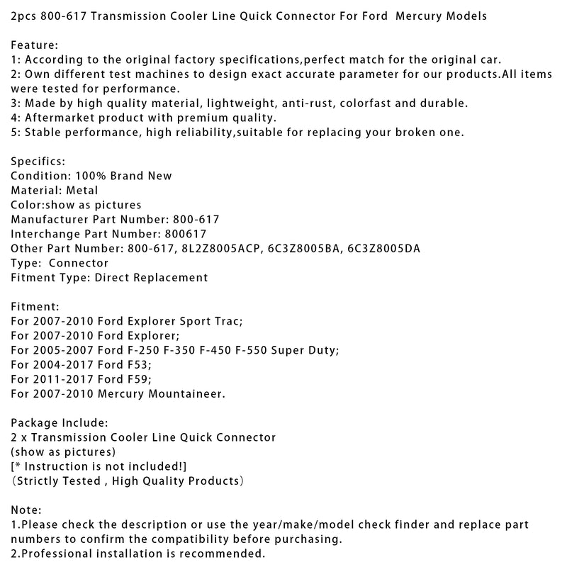 2PCS 800-617 Transmission Cooler Line Quick Connector For Ford  Mercury Models