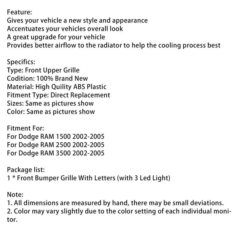 Front Bumper Grill Grille Fit Dodge RAM 1500/2500/3500 2002-2005 Rebel Style