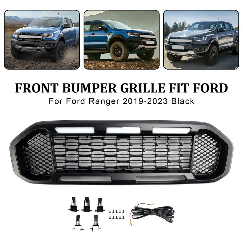 Black Front Bumper Grill Grille Fit Ford Ranger T8 2019-2023 W/LED Light