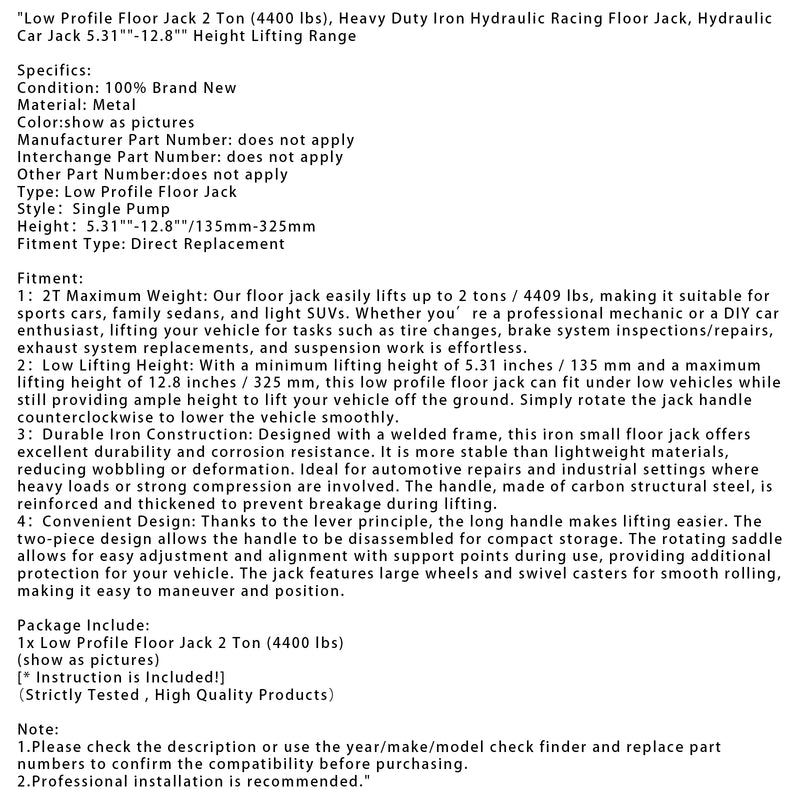 Low Profile Floor Jack 2 Ton (4400 lbs) 5.31"-12.8" Height Lifting
