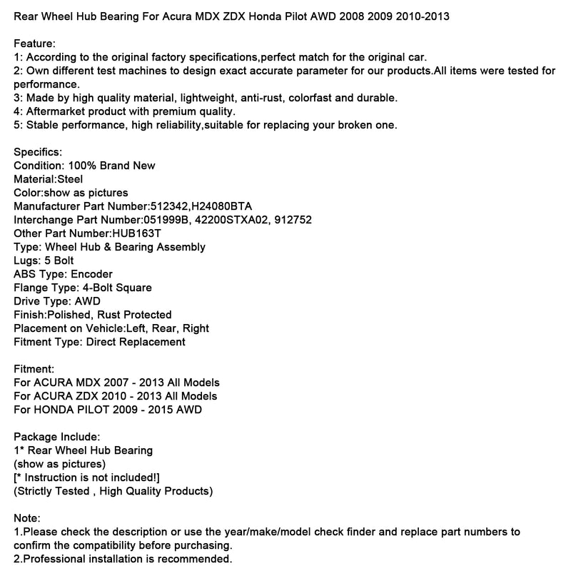 Rear Wheel Hub Bearing For Acura MDX ZDX Honda Pilot AWD 2008 2009 2010-2013