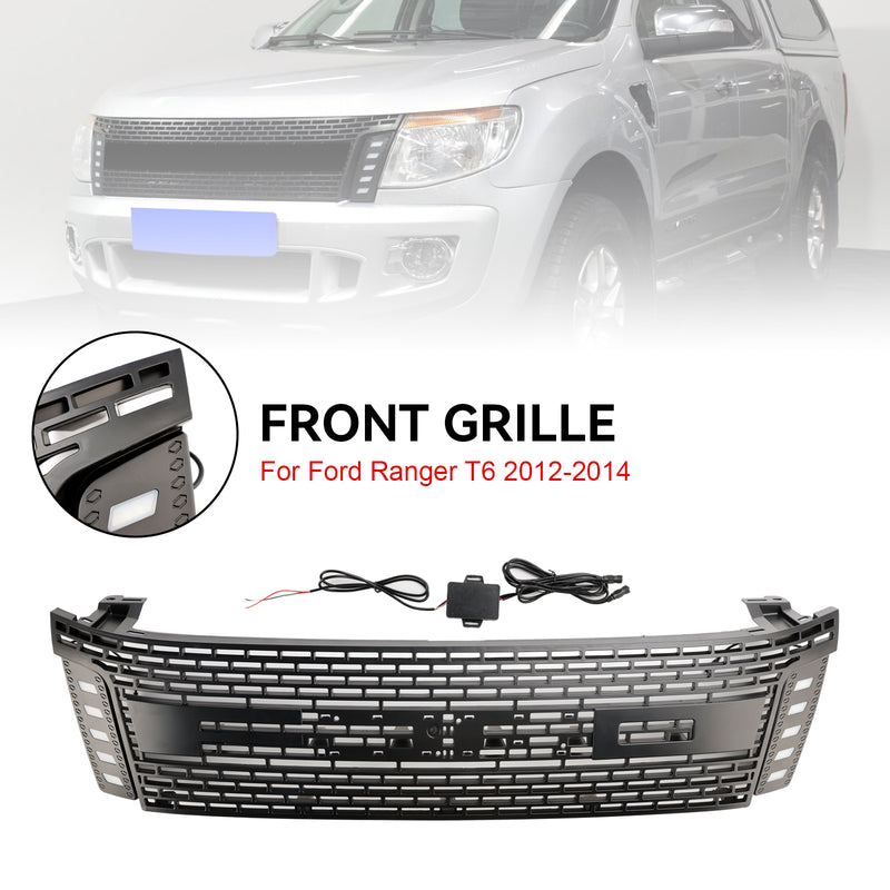 Matt Black Front Bumper Grill Grille Fit Ford Ranger T6 2012-2014 w/ LED Light