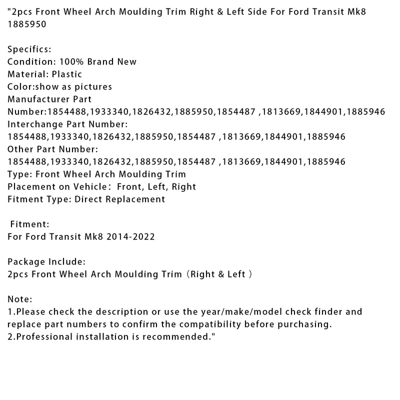 2pcs Front Wheel Arch Moulding Trim Right & Left For Ford Transit Mk8 1885950