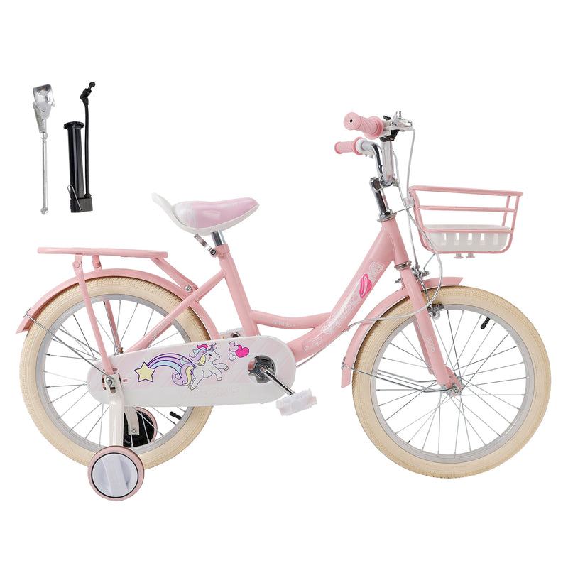 18" Child Bicycle Girls Bike with auxiliary wheels & Rack & Basket Pink