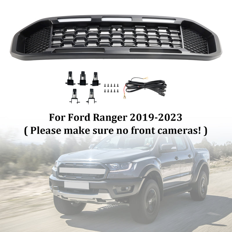 Black Front Bumper Grill Grille Fit Ford Ranger T8 2019-2023 W/LED Light