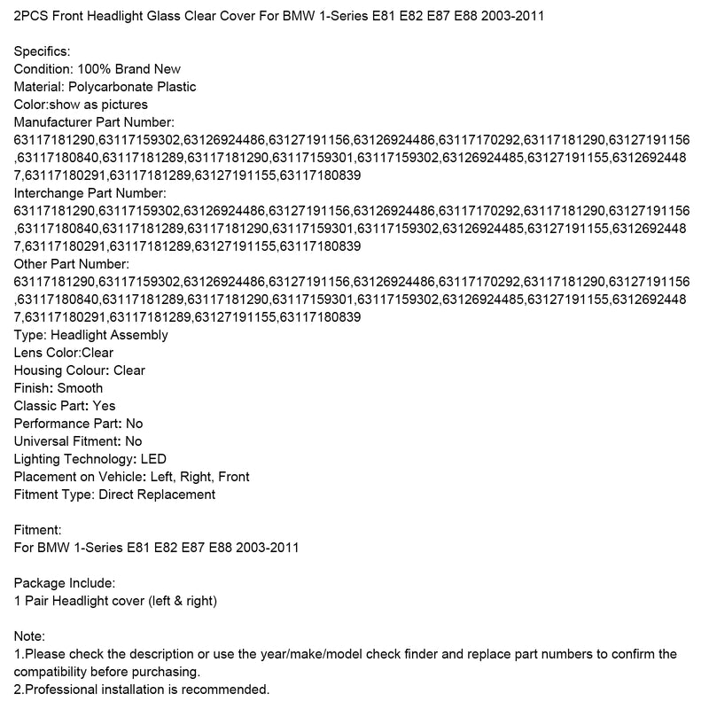 2PCS Front Headlight Glass Clear Cover For BMW 1-Series E81 E82 E87 E88 03-11