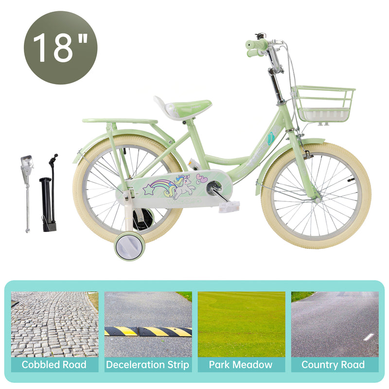 18" Child Bicycle Girls Bike with auxiliary wheels & Rack & Basket Green