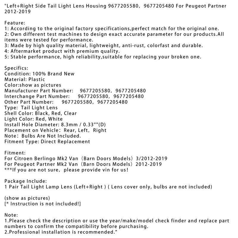 Left+Right Side Tail Light Lens Housing For Peugeot Partner 2012-2019