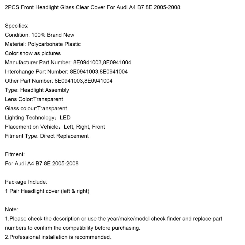 2PCS Front Headlight Glass Clear Cover For Audi A4 B7 8E 2005-2008