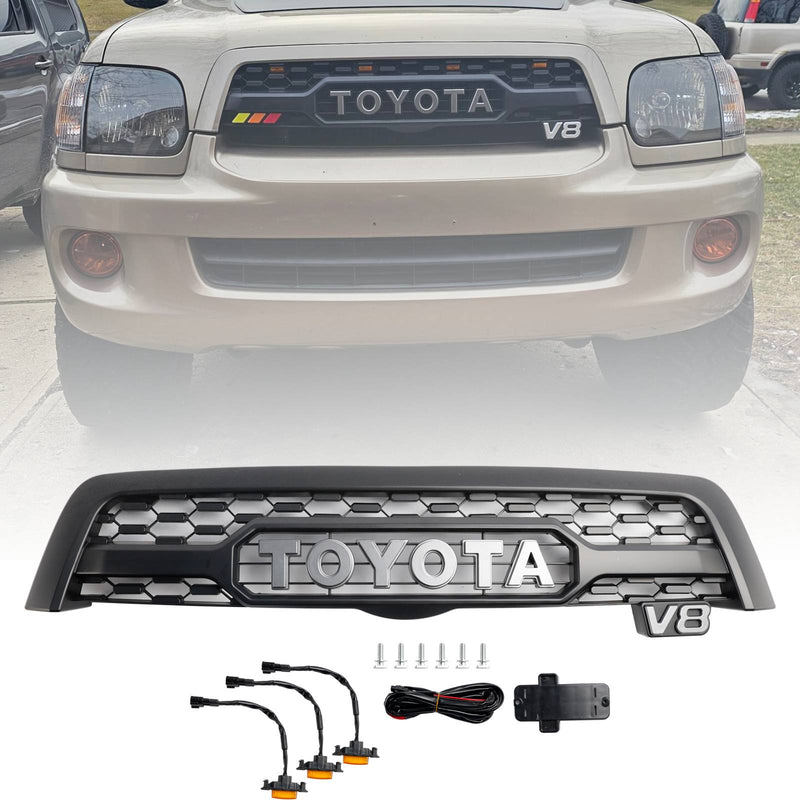 2005 2006 2007 Toyota Sequoia V8 Matte Black Front Bumper Grill Grille W/ Led Light