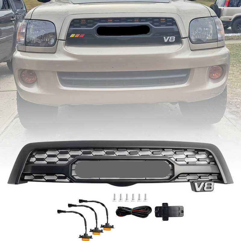 2005 2006 2007 Toyota Sequoia V8 Matte Black Front Bumper Grill Grille W/ Led Light