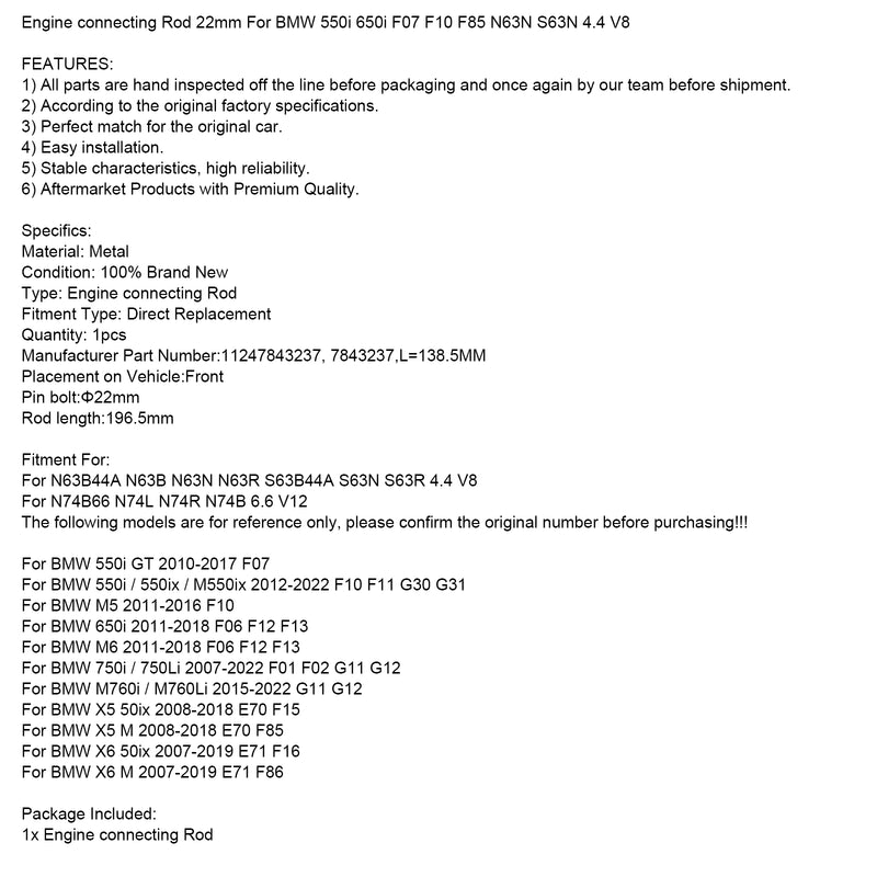 Engine connecting Rod 22mm For BMW 550i 650i F07 F10 F85 N63N S63N 4.4 V8