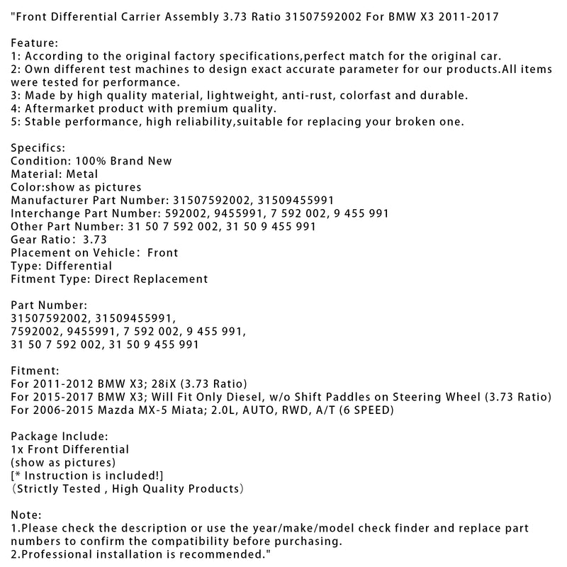 Front Differential Carrier Assembly 3.73 Ratio 31507592002 For BMW X3 2011-2017