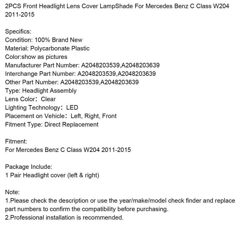 2PCS Front Headlight Lens Cover LampShade For Mercedes Benz C W204 2011-2015