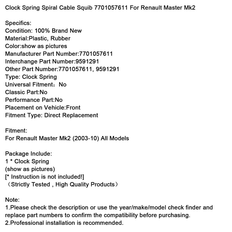 Clock Spring Spiral Cable Squib 7701057611 For Renault Master Mk2
