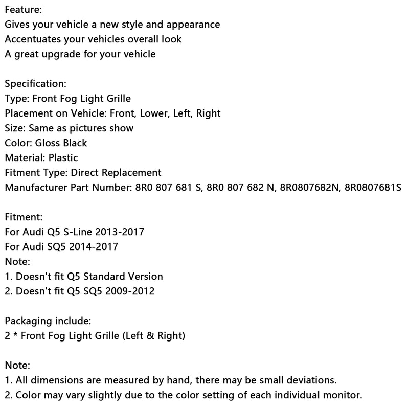 Front Bumper Fog Light Grill Grille Fit Audi Q5 S-Line SQ5 2013-2017 Black