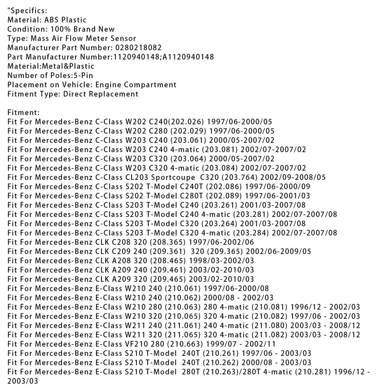 Mass Air Flow Meter Sensor For Mercedes-Benz W203 W211 W163 W220 1120940148