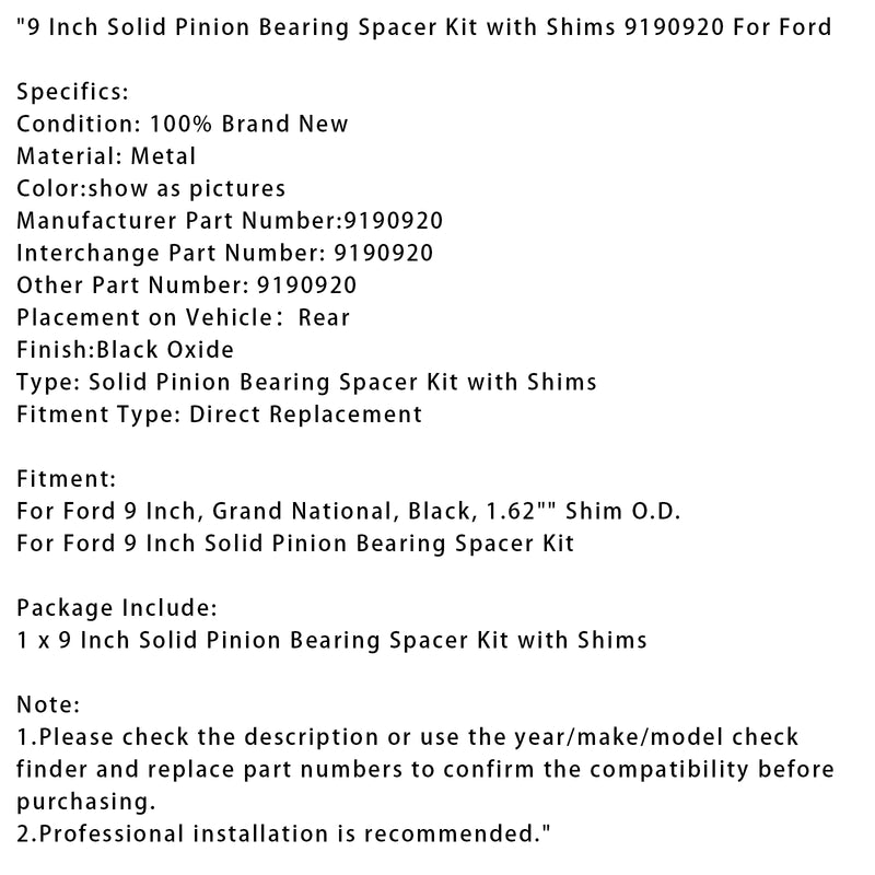 9 Inch Solid Pinion Bearing Spacer Kit with Shims 9190920 For Ford