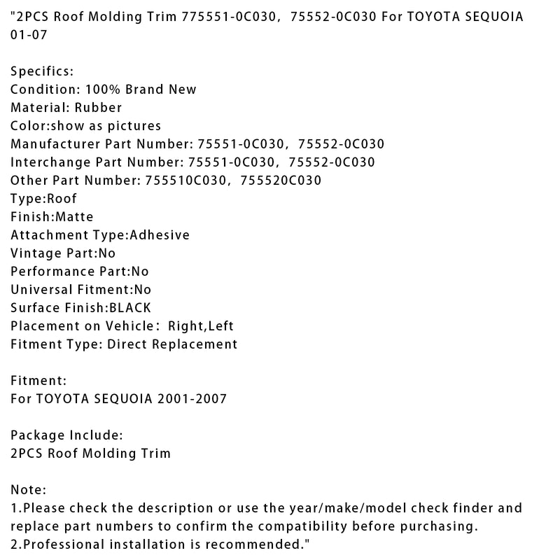 2PCS Roof Molding Trim 75551-0C030 75552-0C030 For TOYOTA SEQUOIA 01-07