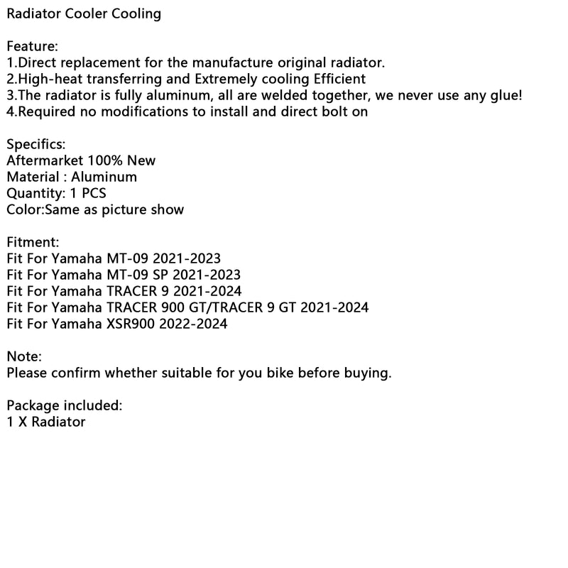 Radiator Cooling Engine Cooler For Yamaha MT-09/SP TRACER 9 XSR900 21-24