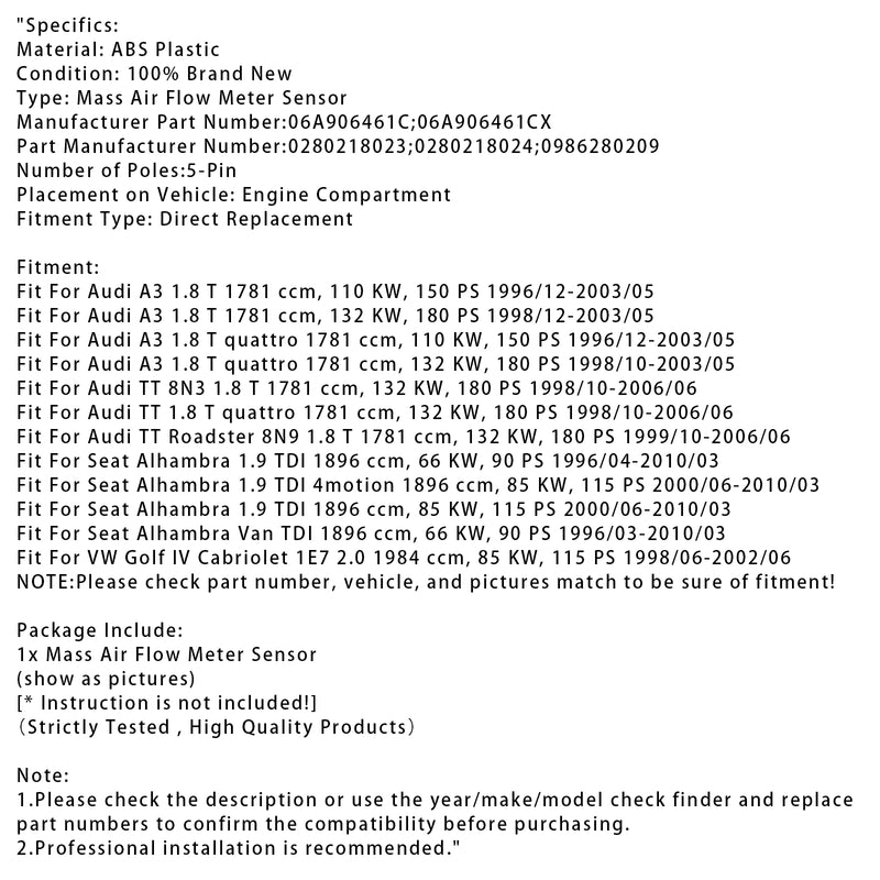 Mass Air Flow Meter Sensor For Audi A3 TT Volkswagen Cabriolet 06A906461C